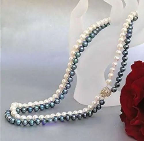 

Charming!2Rows 7-8MM Black&White Pearl Necklace 17-18" <@^18K GP style Fine jewe Noble Natural jade FREE SHIPPING