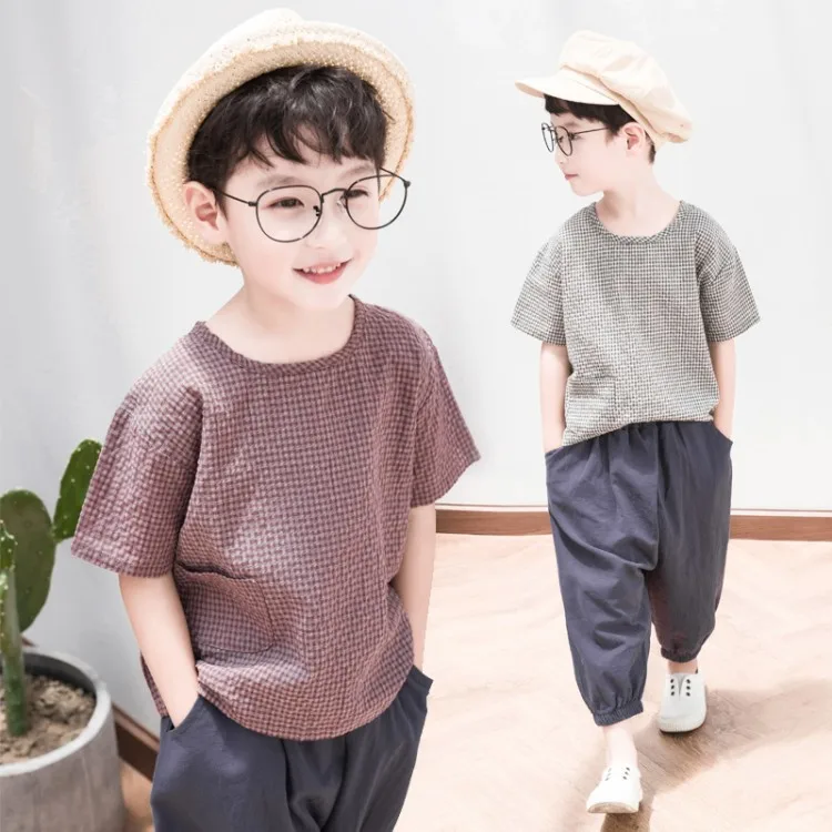 

Boys cotton and linen short-sleeved children's suits children's clothing summer new 9562