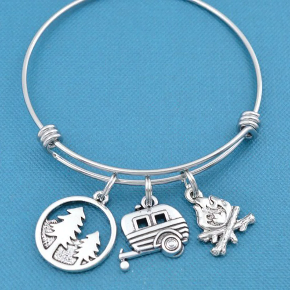 

Yamily 1pcs/ Camping bangle bracelet in stainless steel silver toned mountain range camper and camp fire charms