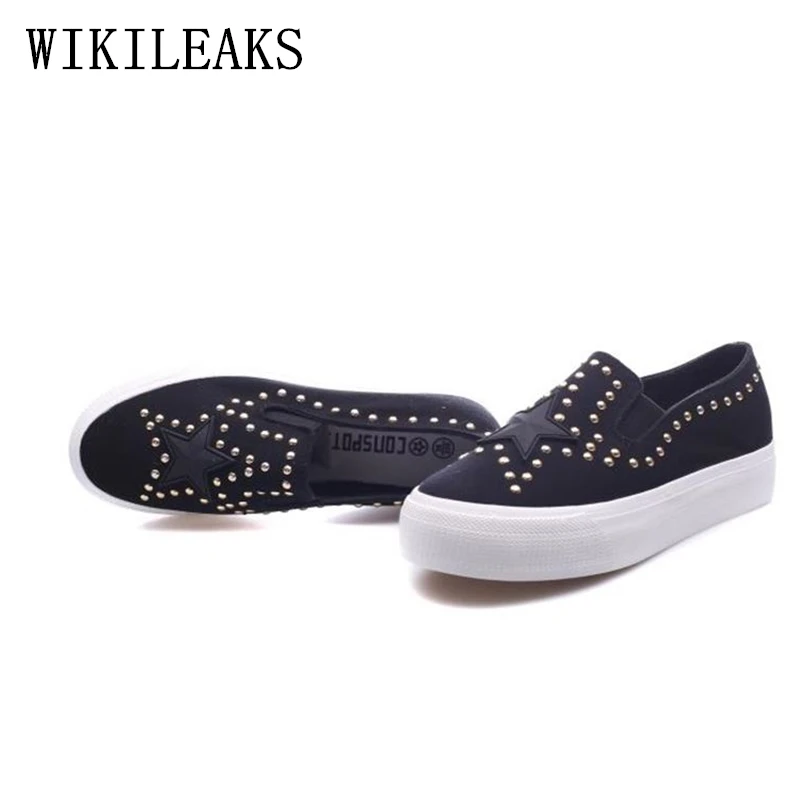 ladies black canvas shoes women slip on loafers shoes woman designer brand rivets stars platform ...