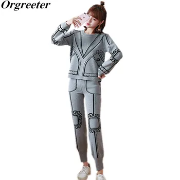 

Printing Knitted Casual Sportsuit Tracksuit Women Long Sleeve Pullover Sweater And Pant Set 2018 Autumn Winter New 2 Piece Set