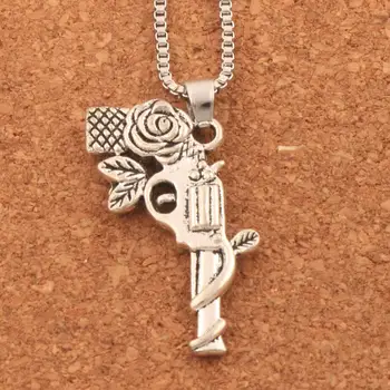 

8PCS 30.5x18.2mm "Dangling Gun w Roses" Revolver Pistol Pendant Necklaces 24 inches Chains N1676