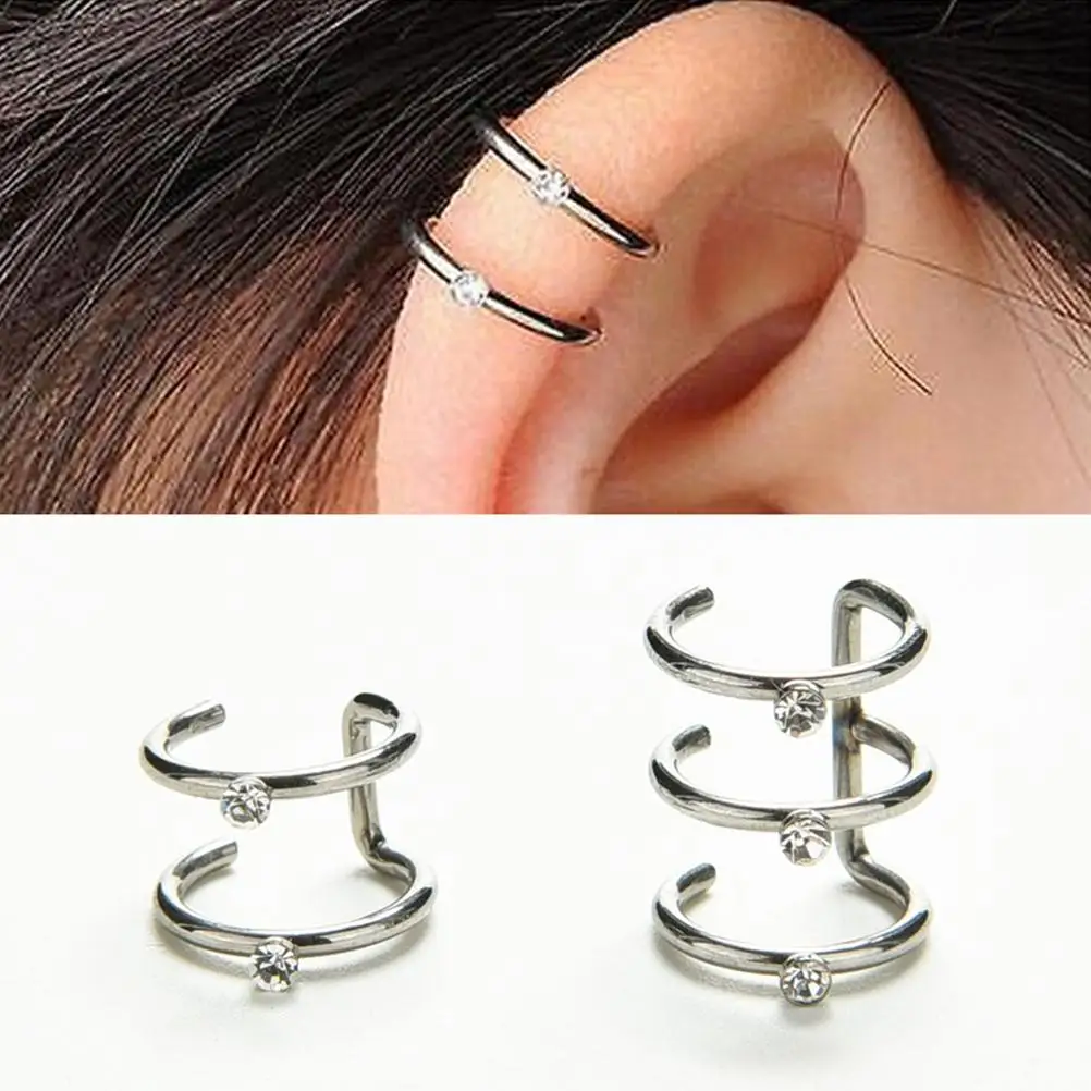 

2 Or 3 Row Silver U Shape Ear Cuff Wrap Stud Helix Cartilage Earrings Clip on Non-Piercing Women Fashion Jewelry