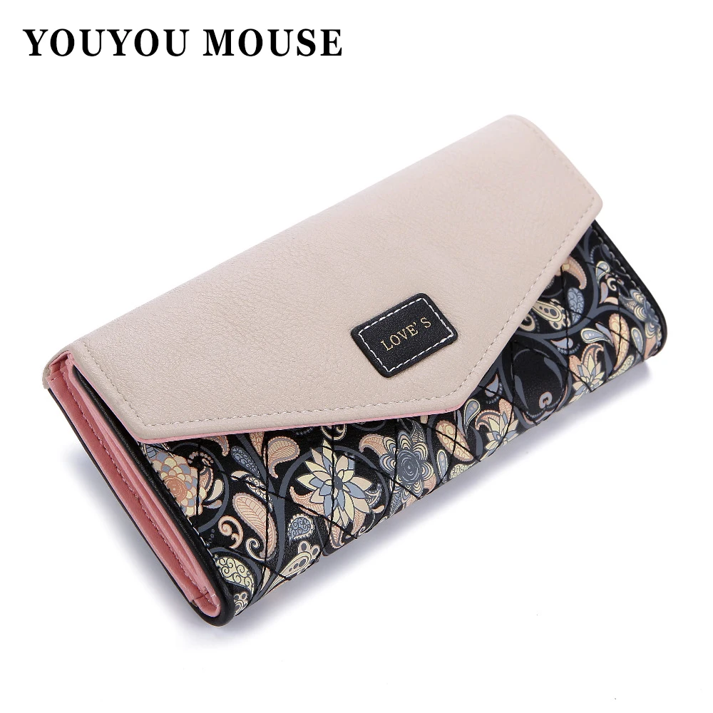  2015 New Fashion Envelope Women Wallet Hit Color 3Fold Flowers Printing 5Colors PU Leather Wallet  Long Ladies Clutch Coin Purse 