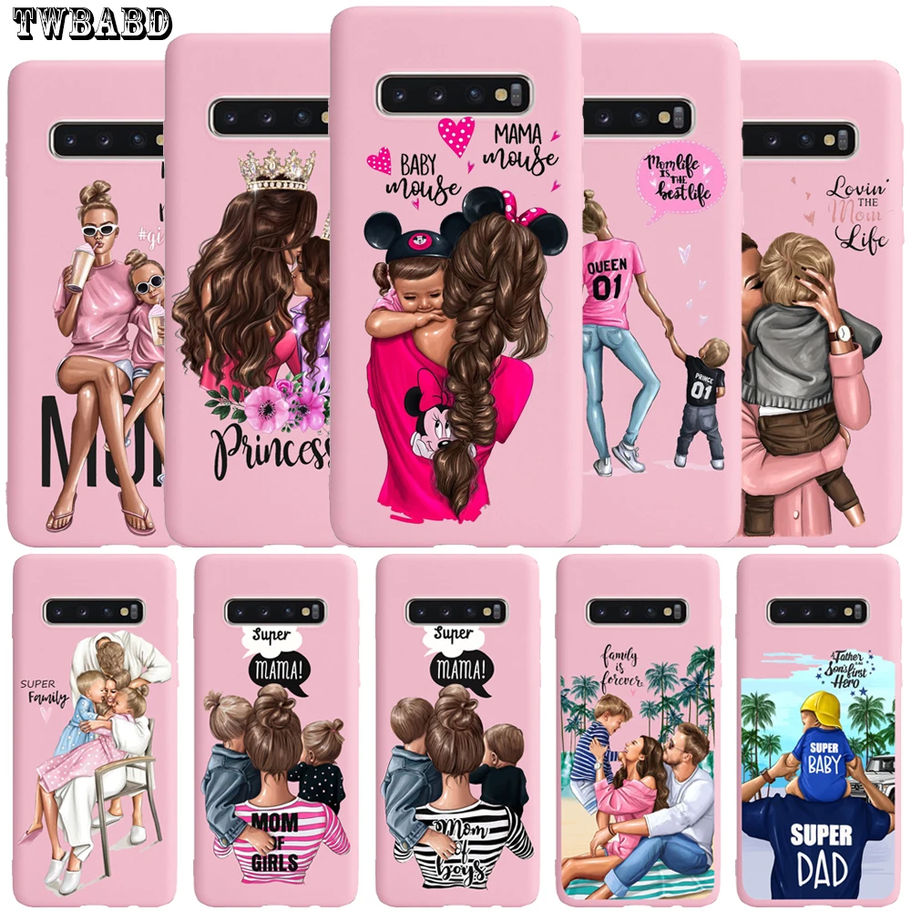 

Black Brown Hair Baby Mom Girl Coque Soft Pink Silicone Shell Phone Case For Samsung S9 S8 S10 Plus S7 Edge S10 Lite Capa