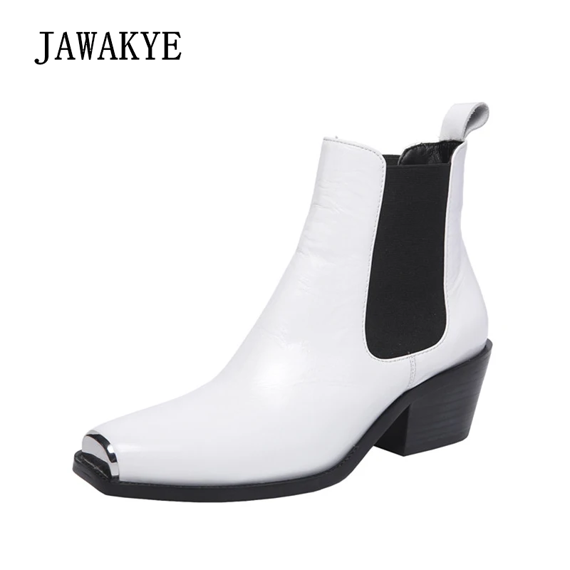 

New real leather square Metal toe thick Heel Chelsea boots Women Chunky Kitten heels Runway Winter Shoes plus size Ankle boots