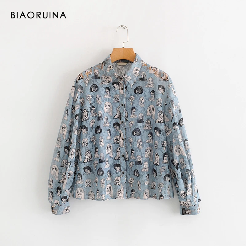 

BIAORUINA Women's Character Printing Casual Shirt Long Sleeve Single Breasted Female Fashion Loose Blouse Lining Two Piece Tops