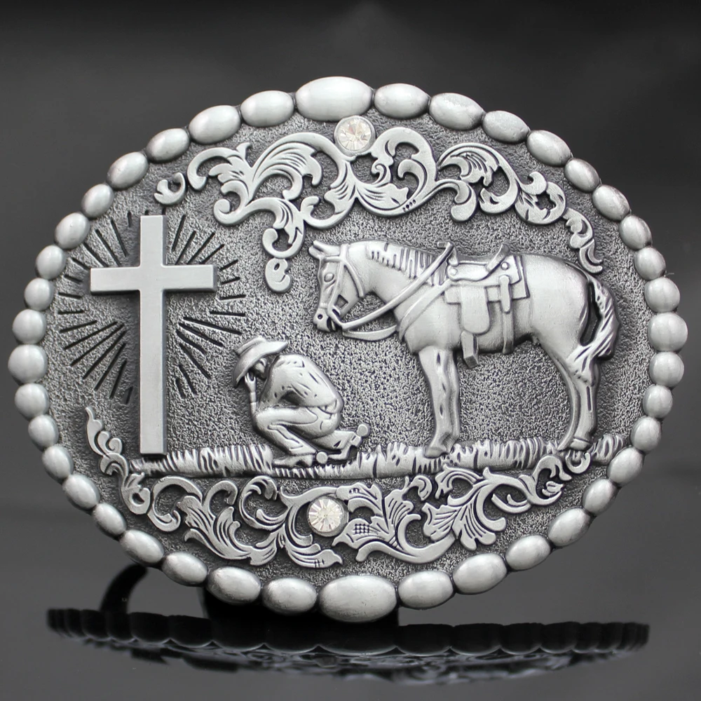 Vintage Retro Silver Western Cowboy Prayer Cross Horse Oval Dome Scroll