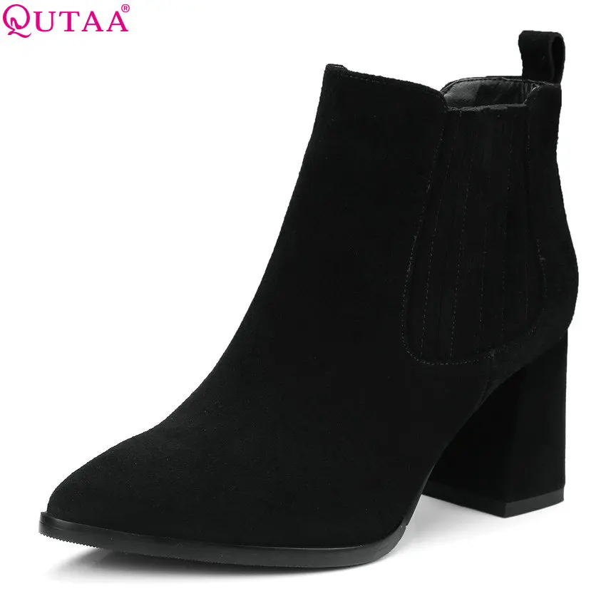 

QUTAA 2019 Nubuck Women Ankle Boots Winter Shoes All Match Platform Elastic Band Platform Women Motorcycle Boots Big Size 34-39