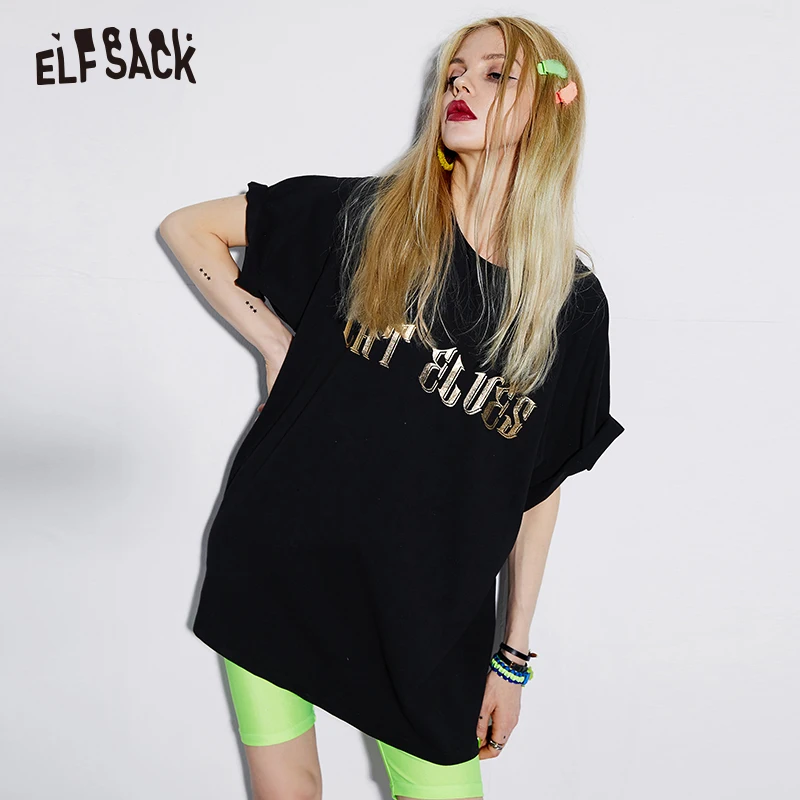 ELFSACK черные хлопковые Женские топы с буквенным принтом Модный Блестящий