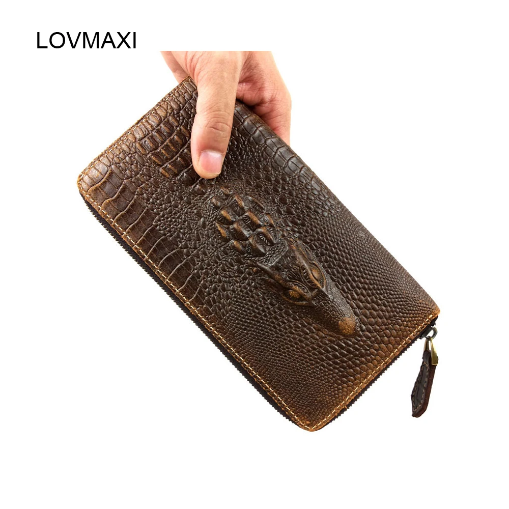 

LOVMAX Men's Genuine leather wallets Long zipper around wallet 100% leather purses crocodile head embossed clutch bag male