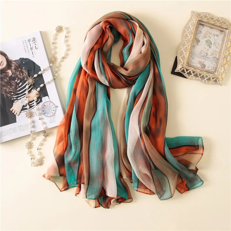 Новая весенняя цветная полосатая шелковая шифоновая шаль-платок, модный роскошный брендовый высококачественный платок с принтом, хиджаб, шейный платок 170*140 см