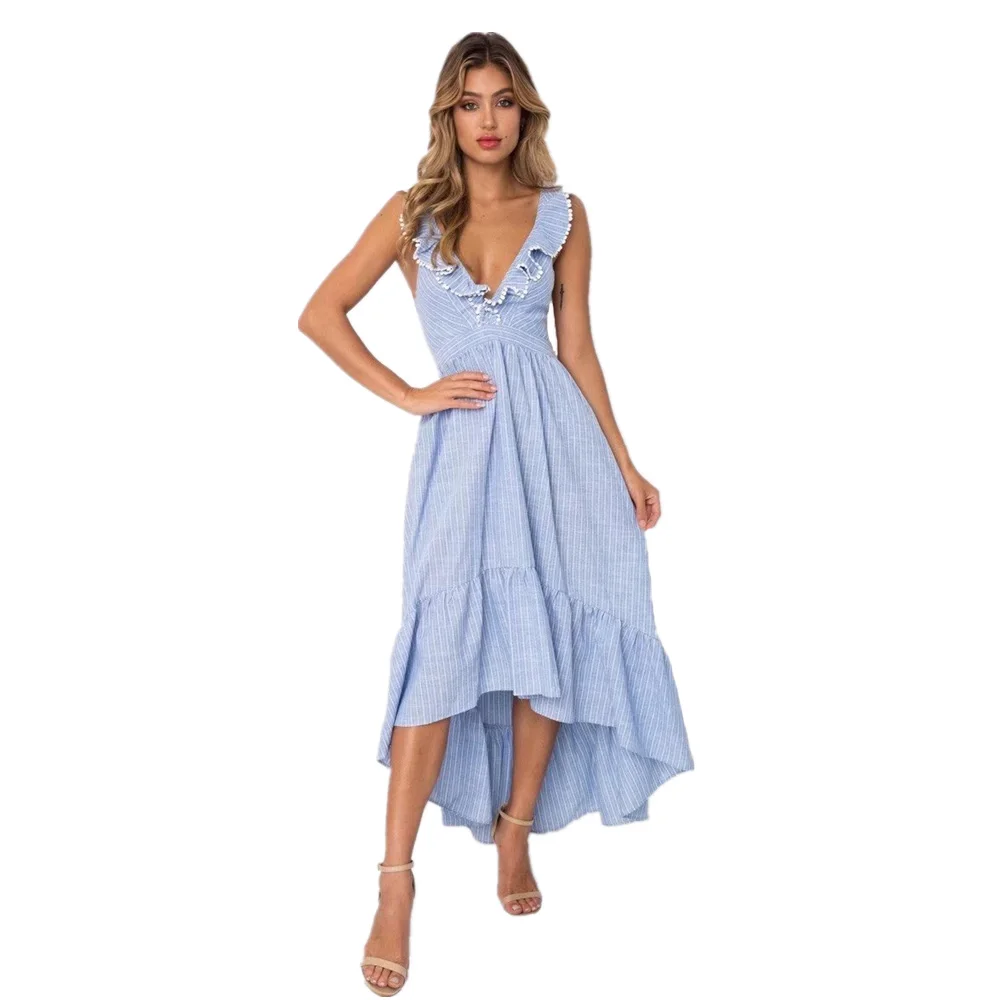 

Fashion Blue Striped Dress V-neck Ruffled Long Dress 2019 Summer Women's Halter Sexy Dress Chic Backless Beach Party Vestidos