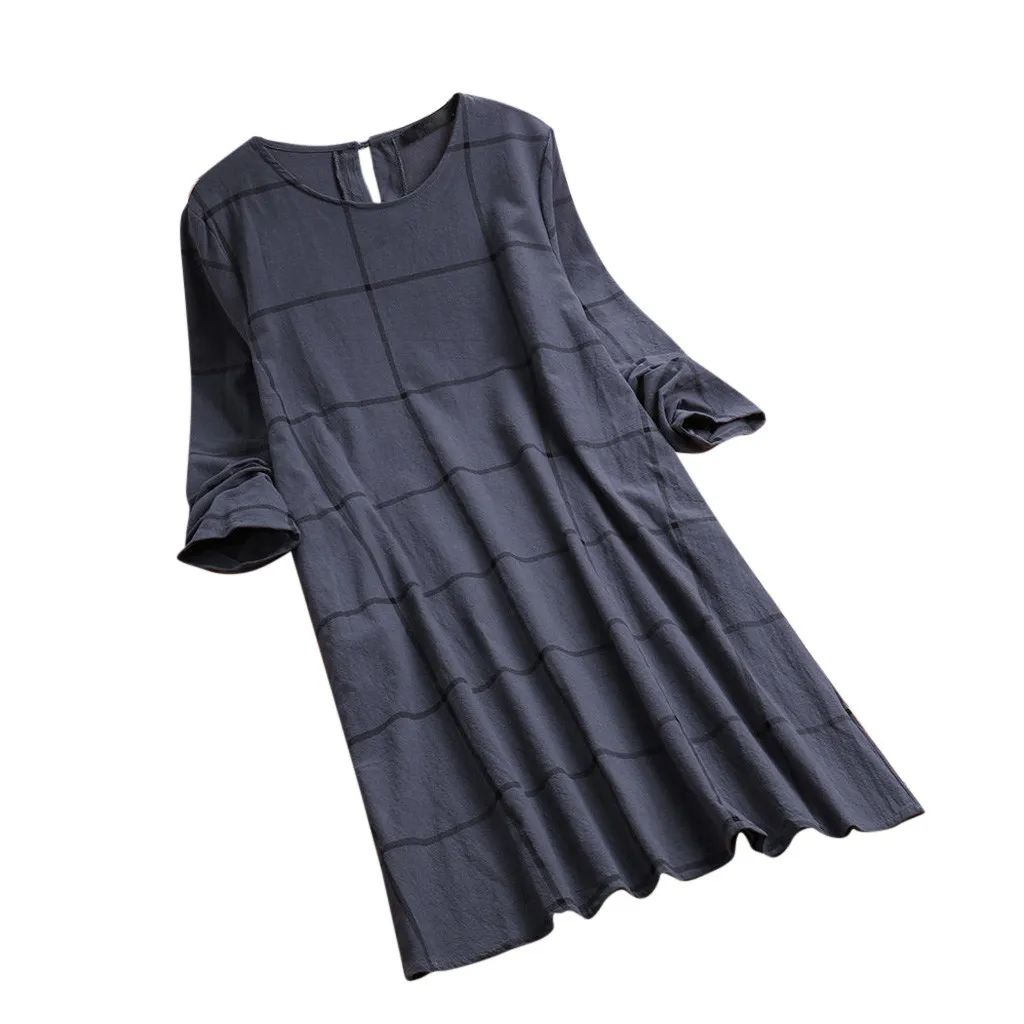 

Clothing women's 2019 round neck casual loose plaid long-sleeved retro dress literary long-sleeved mini dress large size M-5XL