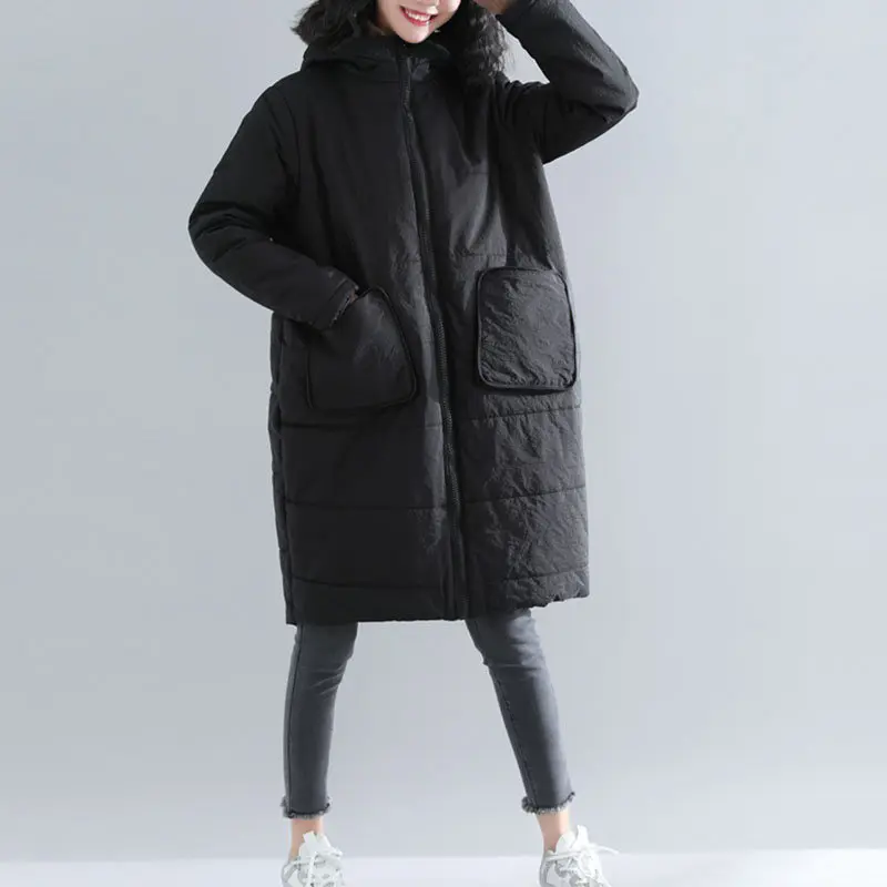

Large Size Wadded Coat Female Long Section 2018 Winter New Padded Thicken Loose Hooded Zipper Women Parkas Wine Red Black LQ487