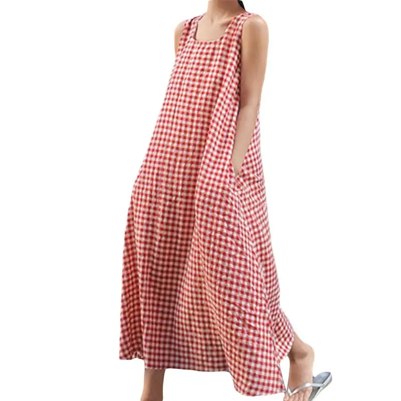 New Summer Women Cotton Linen Sleeveless Classical Check New Summer Women Cotton Linen Sleeveless Classical Check