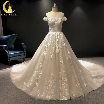 شراءJIALINZEYI صورة حقيقية قبالة الكتف الدانتيل الزهور ألف خط فساتين الزفاف ثوب الزفاف 2019