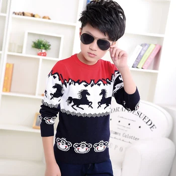 

ins boys sweater 4-9 years old Autumn and winter sweater Cartoon Horse christmas tree children's Double-layer pullover sweater