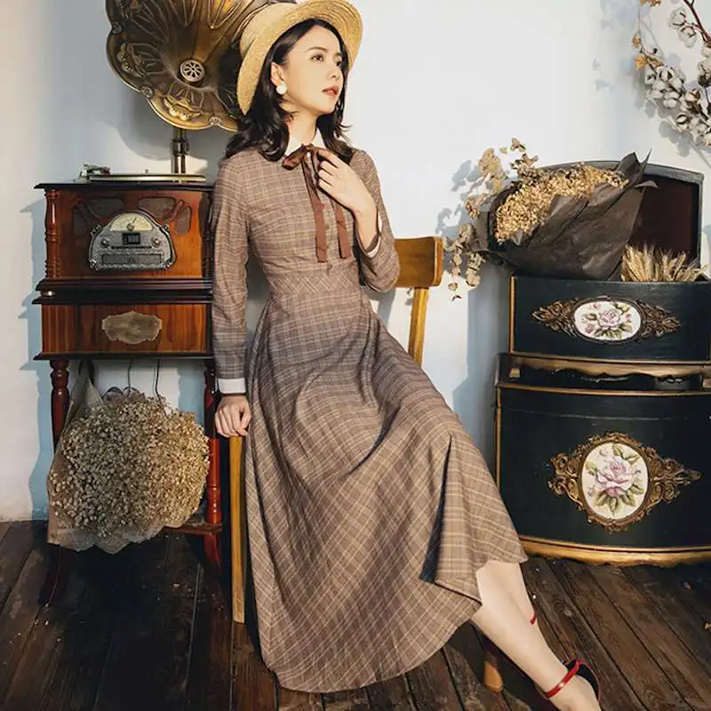 

Wholesale French style plaid big swing retro dress female summer retro single-breasted longer was waist dress with bow wq1868