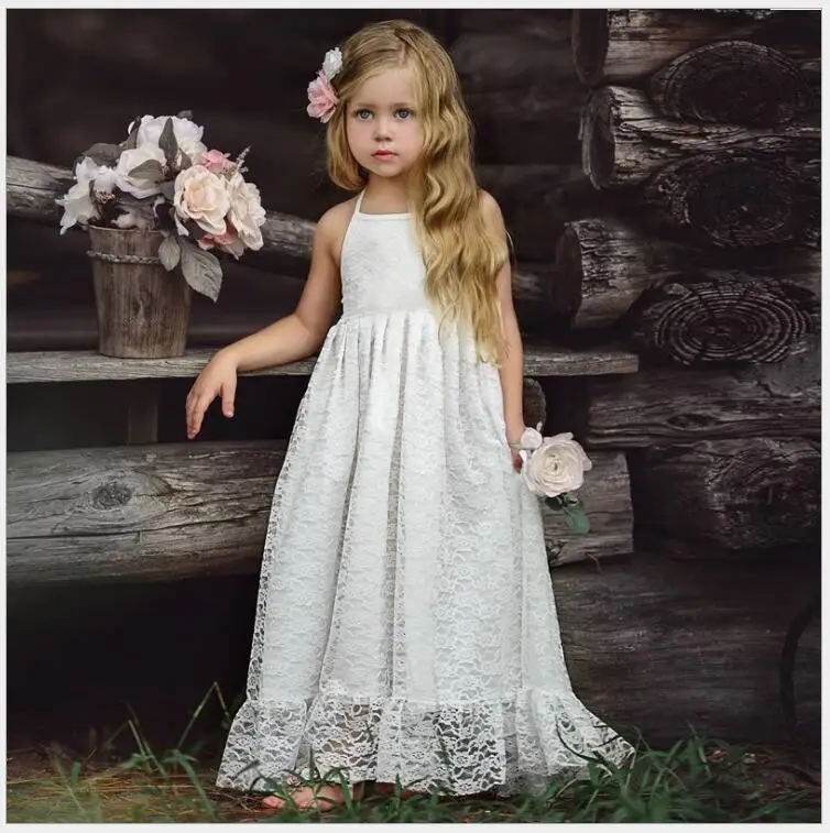Для маленьких девочек мягкое кружевное длинное платье Детская летняя слинг длинные платья из кружева Дети Твердые Черный Белый платье