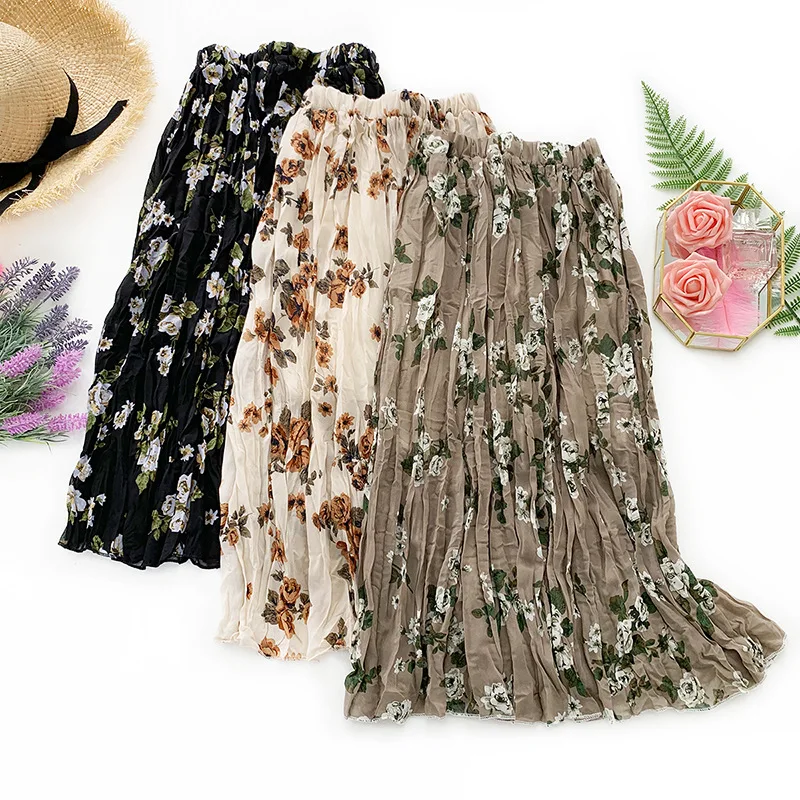 

Wasteheart Black Women Skirt Women High Waist Pleated Long Skirt Mid-Calf Skirt Plus Size Casual Flower Printed Chiffon Skirts