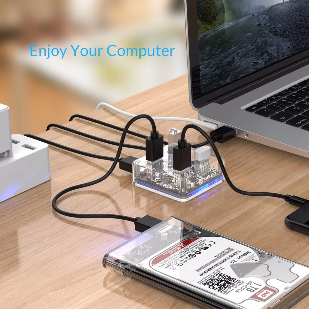 ORICO 4 порта USB3.0 прозрачный концентратор сплиттер с двумя Micro USB порт питания 5 Гбит/с 3,0 usb-хаб Поддержка OTG для Mac/Windows/Linux