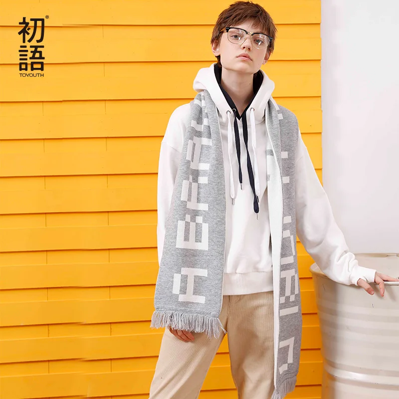 

Toyouth 2019 Winter Long Scarf Casual Gray White Letter Printed Contrast Color Female Knitted Scarf Bicolor Accessories