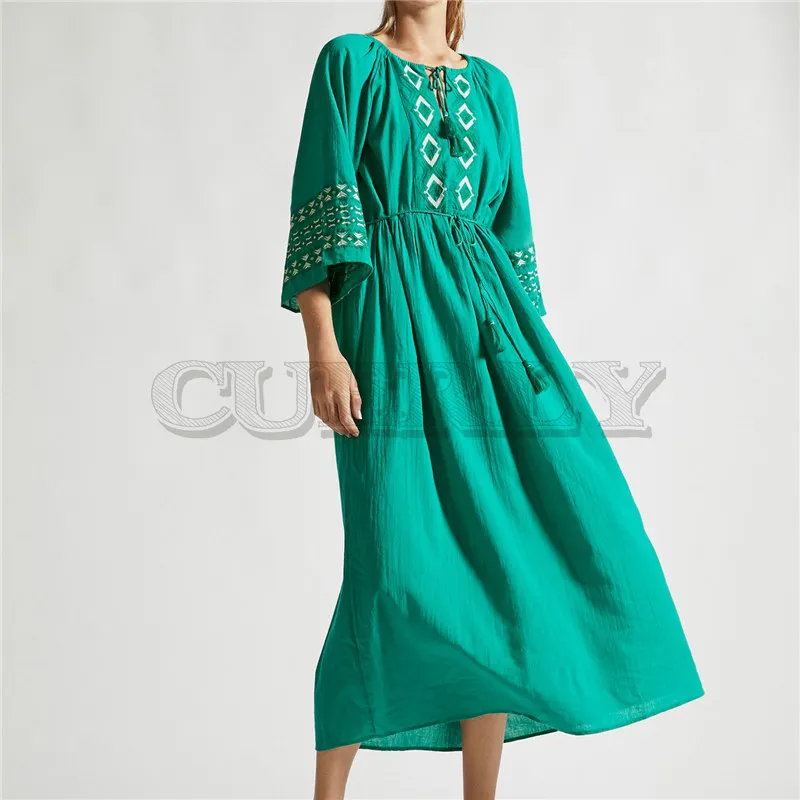 

Cuerly Green Bohemian Printed Lace Up High Waist Fit and Flare Dress Plus Size Women Summer Tunic Beach Dresses Robe de plage