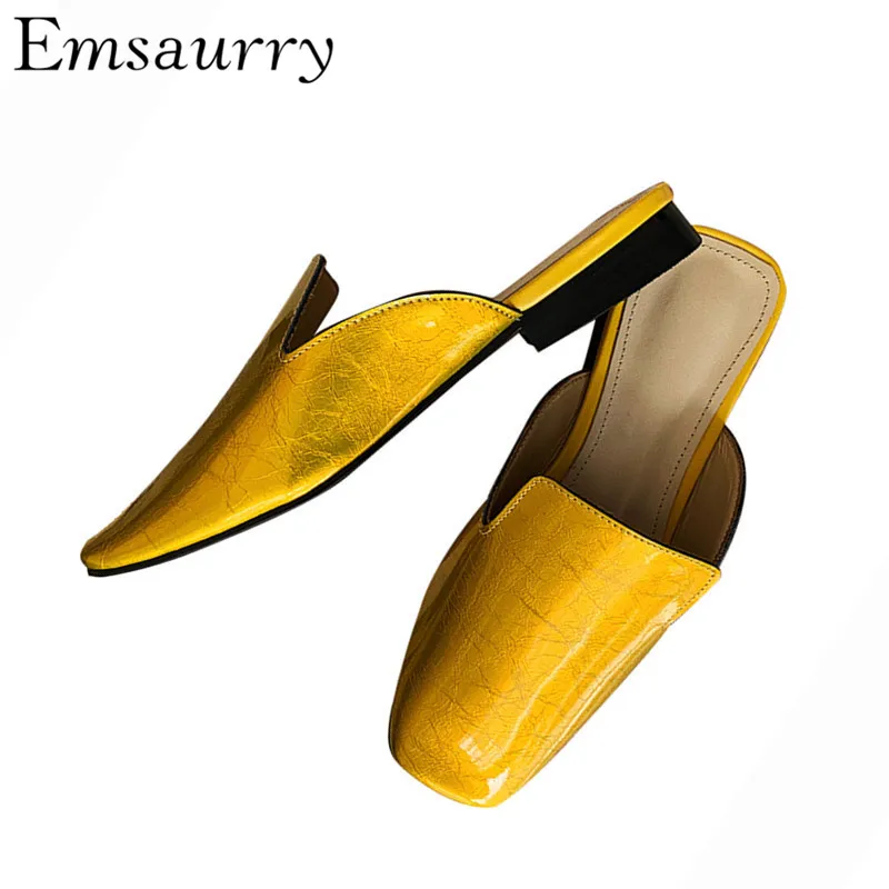 

New Summer 2019 Gold Silver Genuine Leather Slippers Fashion Square Toe Flat Slip On Mules For Woman Two-wear Women Shoes
