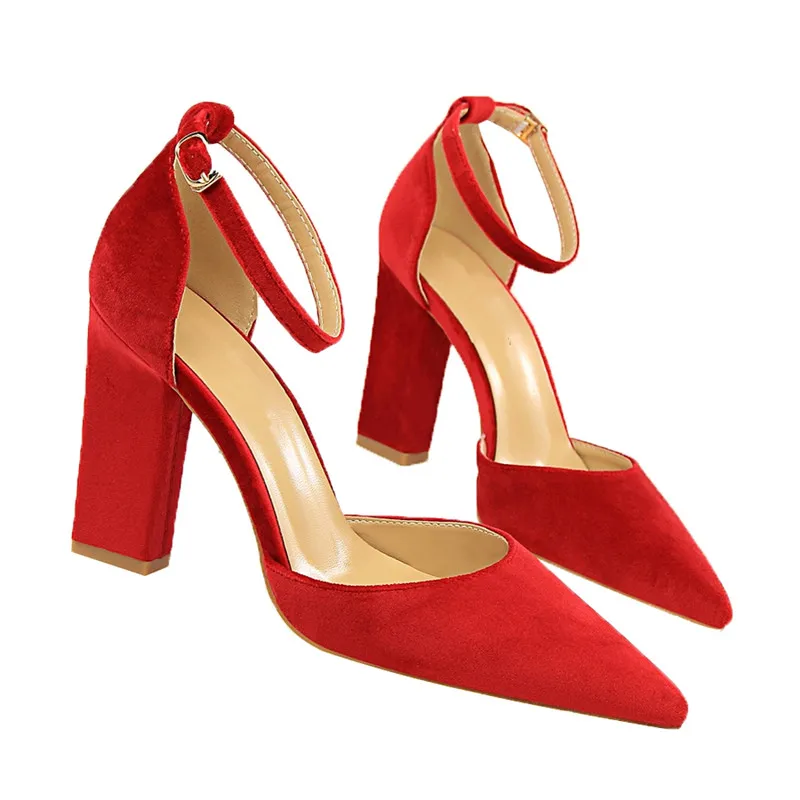 

Ladies Black Party High Heels Shoes Sexy Thick Heels Hollow Pointed Suede Pointed Toe Mary Sandals Women Summer Shoes B038