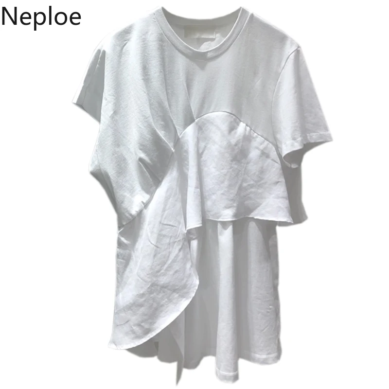 

Neploe Irregular Ruffles Patchwork T Shirt Female White 2019 Summer Short Sleeve T-shirt Korean O-neck Causal Bottom Shirt 52901