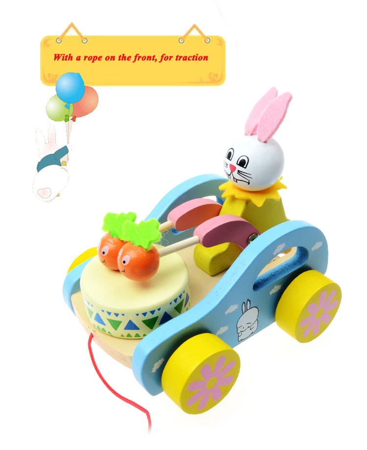 Creative Baby Toys Wooden Early Education Children White Rabbit Trailer Toy Baby Beat Drum Cart Trailer Round Gift Learn to Walk (1)