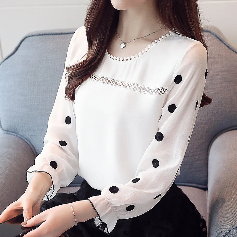 

long sleeve women blouse shirt fashion 2019 chiffon women's clothing sweet o-neck black dot white feminine tops blusas C0693