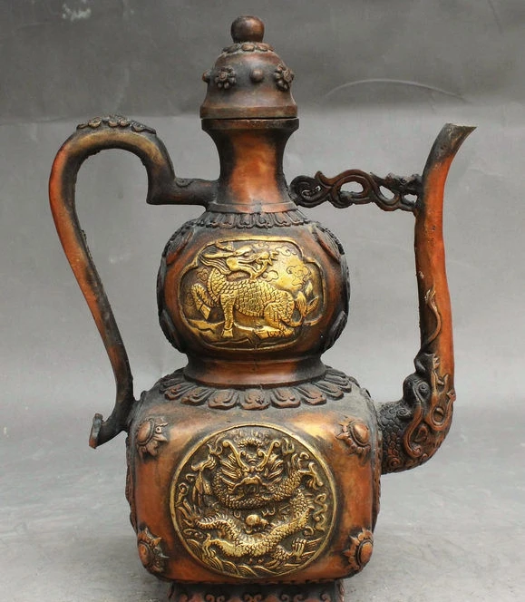 9" Old China FengShui Bronze Gilt Wealth Dragon Kylin Teapot Wine Pot Flagon