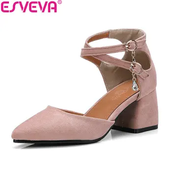 

ESVEVA 2017 Women Pumps Elegant Cross-tied Shoes Pointed Toe Square High Heels Spring and Autumn Women Pumps Shoes Size 34-43