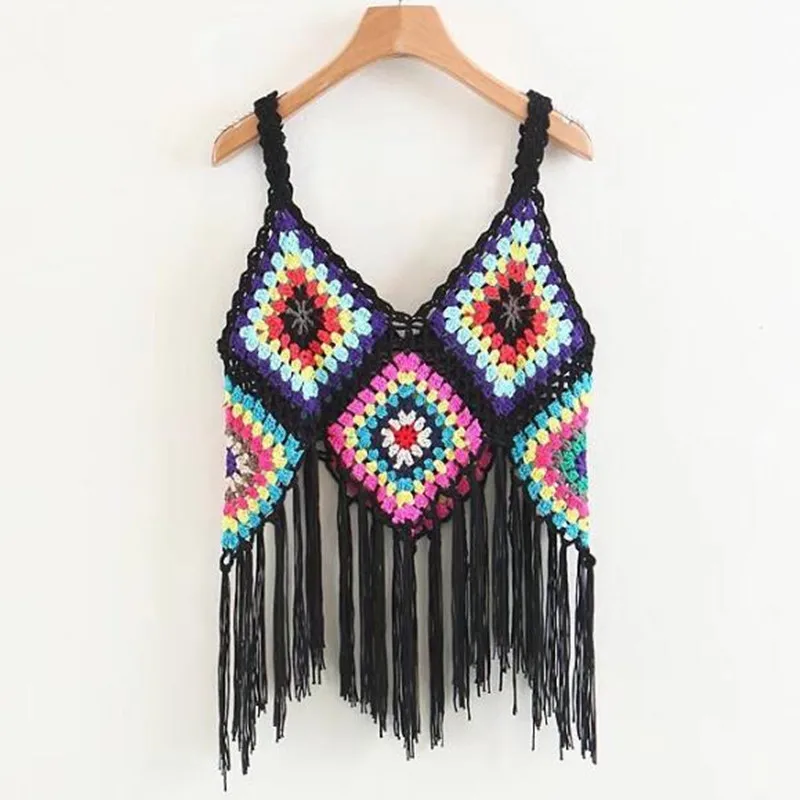 

Bohemian Handmade Hollow Out Crochet Tassel Vest Holiday Style 2018 New Women Colored Plaid Fringed Knitted Waistcoat Coat