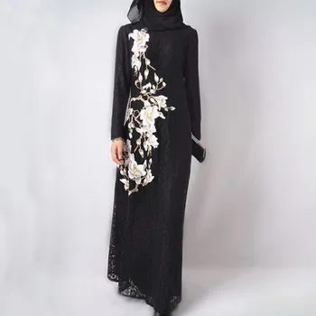 

Ramadan Muslim Lace Embroidery Kimono Abaya Dress Black Prayer Dress Muslim Robes Tunic Middle East Arab Women Costume