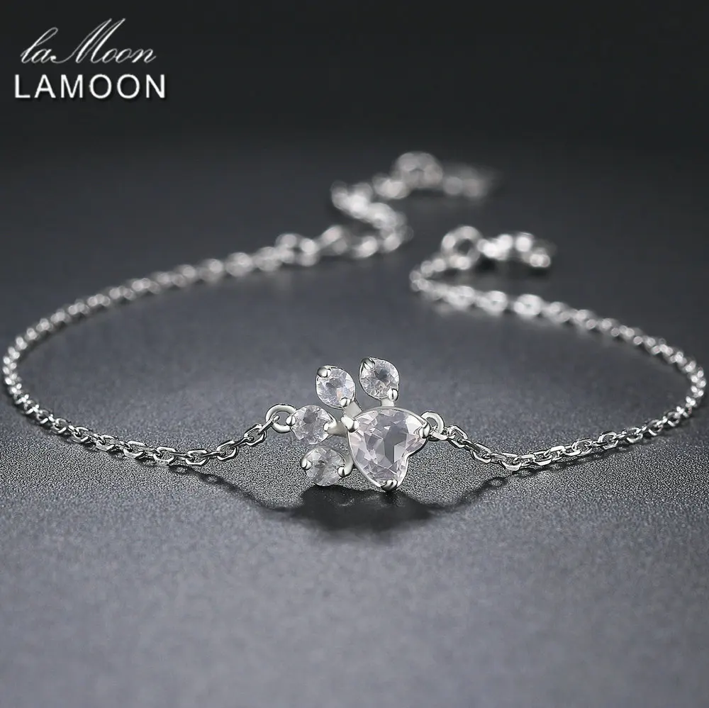 LAMOON Charm Bracelet For Women Paw 100% Natural Heart Clear Quartz 925 Sterling Silver White Gold S925 Fine Jewelry LMHI054