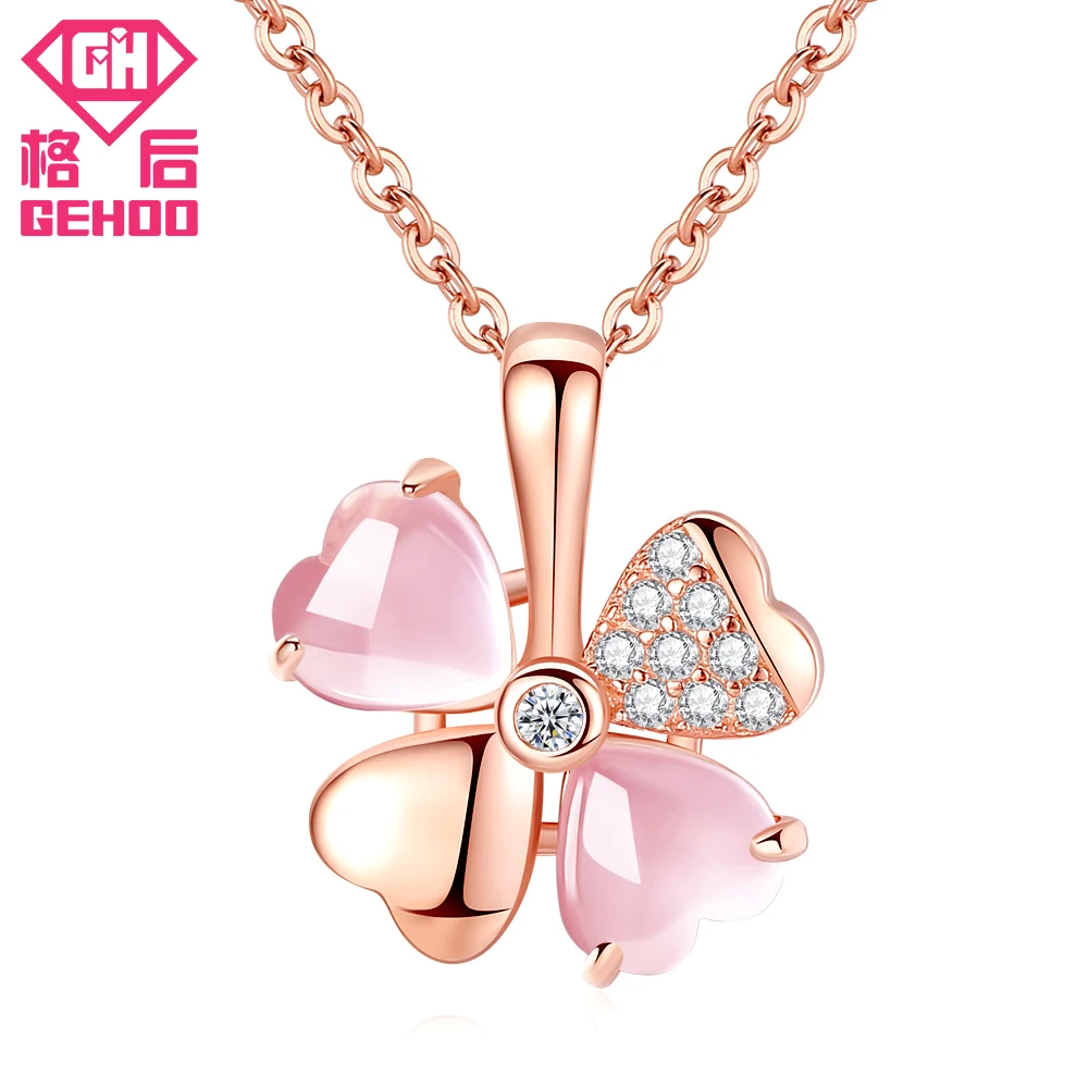 

GEHOO Pretty Rose Quartz Clover Pink Pendant Necklace Women Charm Fine Jewelry 925 Sterling Silver Rose Gold Chain Choker Gifts
