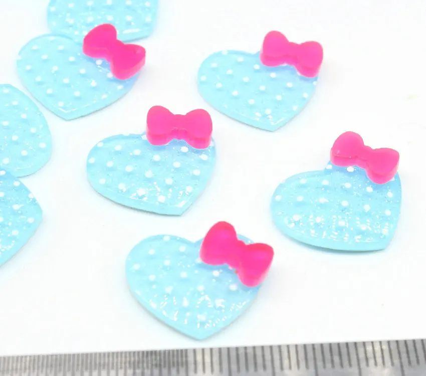 

30pcs Heart cabochon Polka Dot Heart with Pink Bow cabs Acrylic necklace beads blue with pink bow 18.5mm