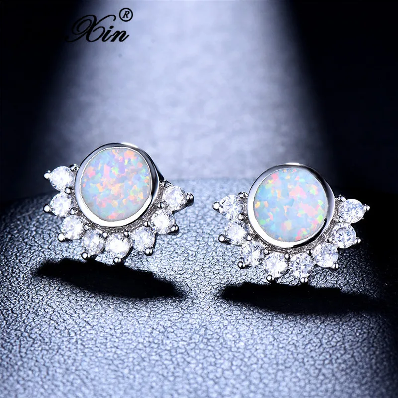 

JUNXIN Round White Blue Fire Opal Earrings For Women 925 Sterling Silver Filled Rose Red Zircon Animal Claws Paw Stud Earrings