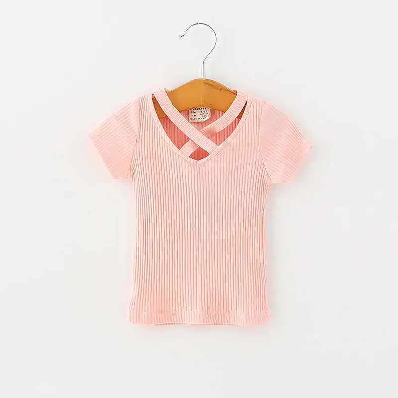 Модная хлопковая футболка с короткими рукавами для маленьких девочек, однотонные топы с треугольным вырезом, детская одежда - Цвет: SZ0572P