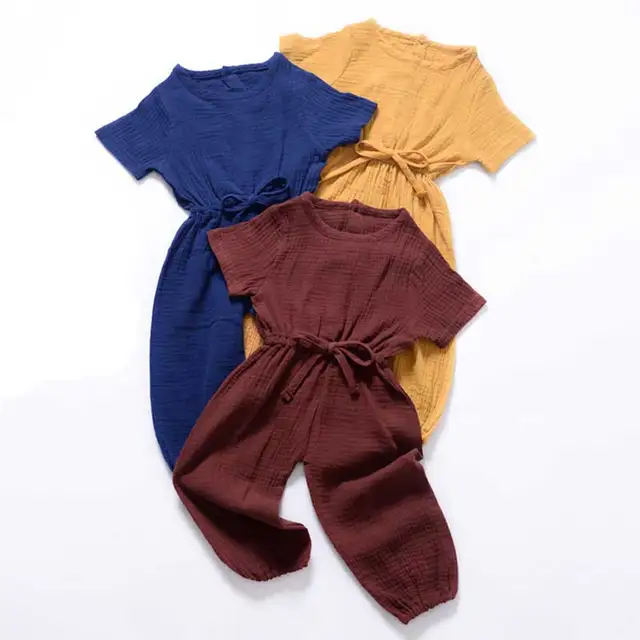 US $6.50 New Summer Kids Girls Clothing Sets Linen Cotton Sleeveless Solid Color Girls Jumpsuit Clothes Sets