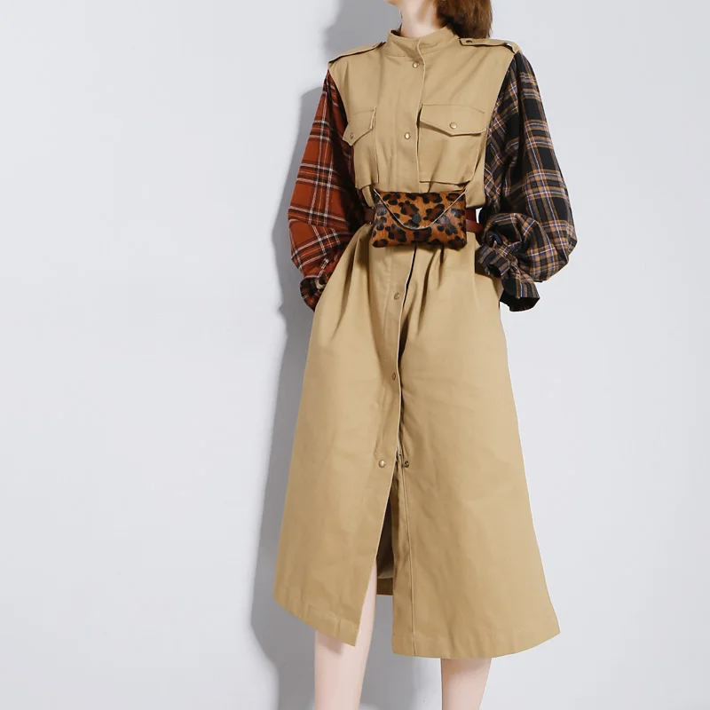 

GETSRING Women Trench Coat Split Cotton Windbreakers Plaid Patchwork Lantern Sleeve Long Coat Single Breasted Belt Overcoat 2018