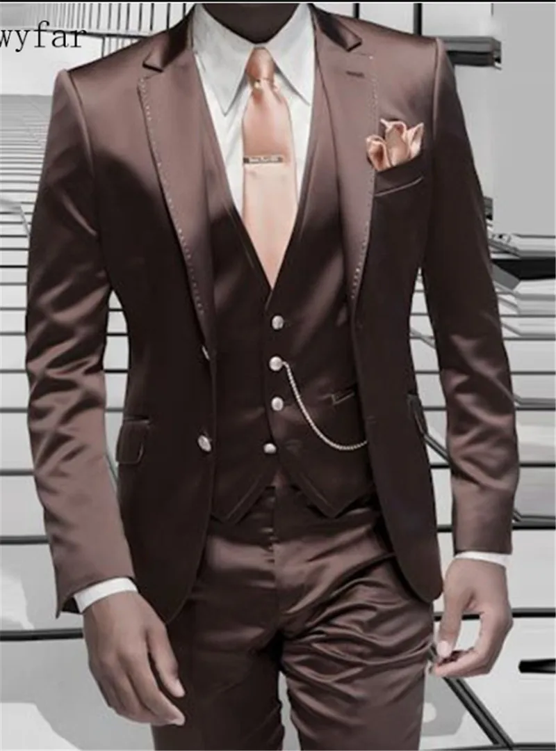 Brown Satin Men Suits Formal Italian Design Tuxedo Custom Stylish Blazer Masculino Suits 3Pcs 