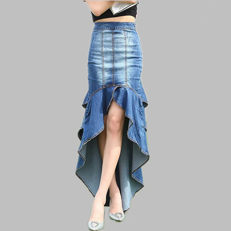 HAMALIEL/Новинка года; Летние уличные женские джинсовые юбки с оборками; облегающая Облегающая джинсовая юбка; модные длинные юбки