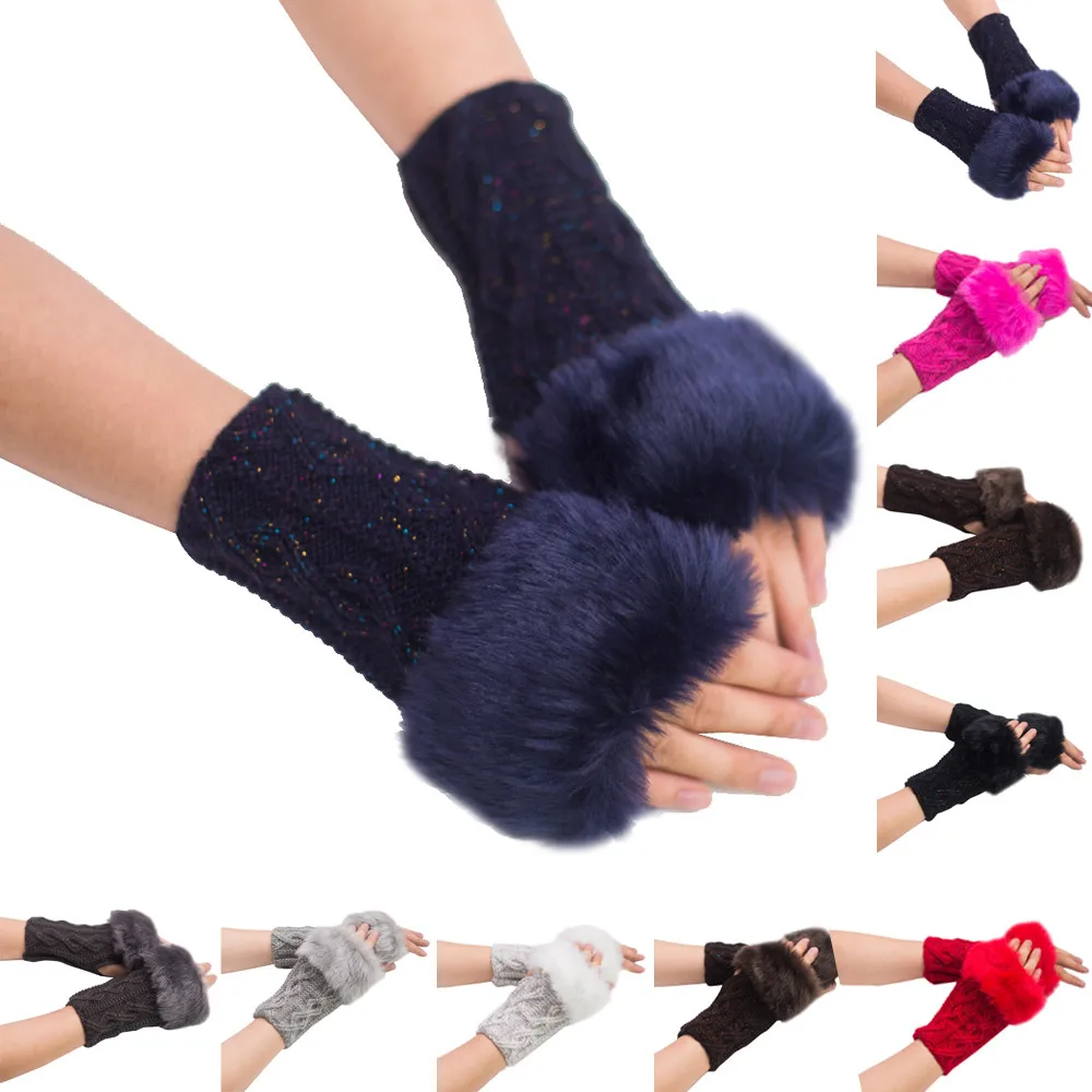 Модные женские туфли для девочек Теплая зима искусственного кролика Мех животных наручные пальцев Прихватки для мангала варежки