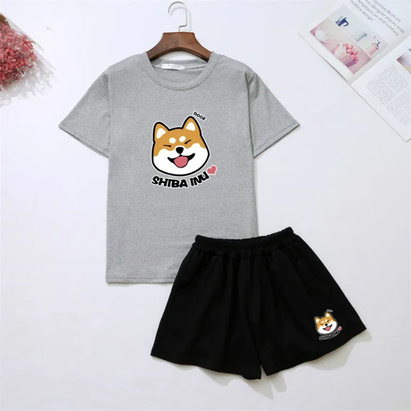 

2019 Women Short-sleeved T-shirt Shorts 2 Piece Set Round Neck Female Summer Cute Cartoon Dog Print Outfits Clothes Suit Korean