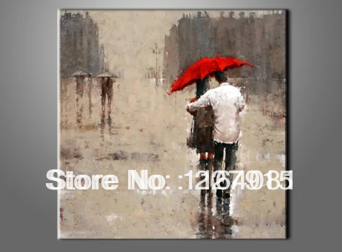 

Free shipping Oil painting on canvas handmade wall art modern rain landscape picture two people walk under the red umbrella