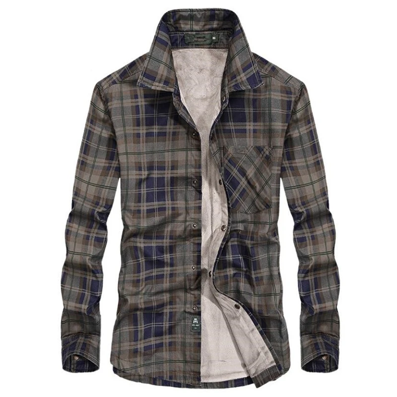 

2019 Autumn Winter Casual Fleece Linen Shirts Men Thick Warm Cotton Plaid Military Shirts Long Sleeve Dress Shirts Chemise Homme